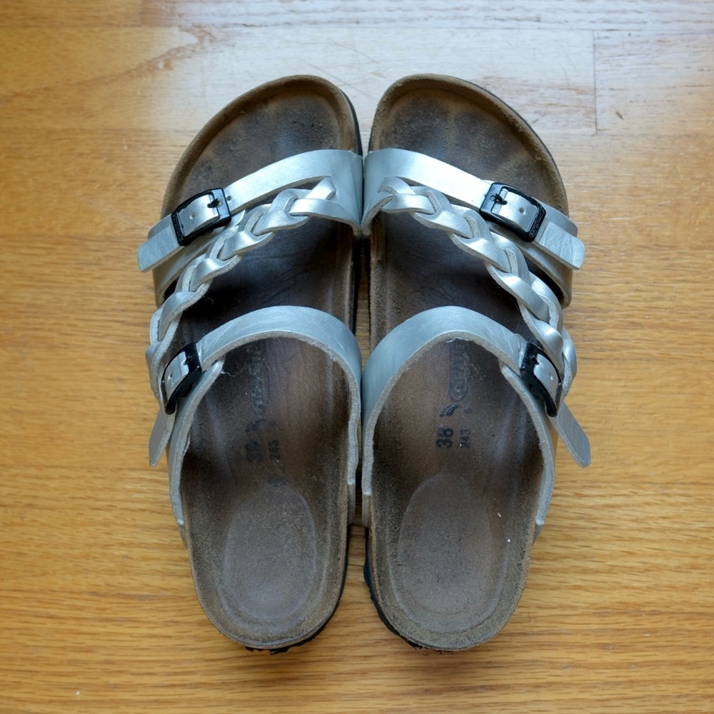 Aerothotic Viking Strappy Cork Sandals Size 38 US7.5 Metallic Silver - Picture 2 of 9